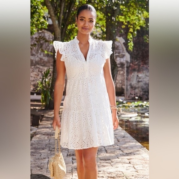 Boston Proper 100% Cotton White Eyelet Tiered Ruffle Dress Size Large Clean Girl - Picture 1 of 11